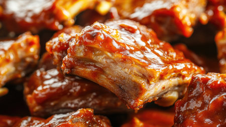 Close-up of tender glazed BBQ ribs coated in rich sauce, perfect for a mouthwatering meal. Ideal for dinner parties, gatherings, or family feasts.の素材