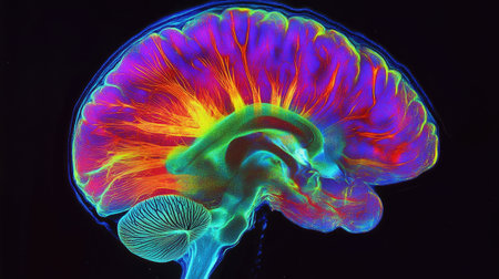 An abstract and colorful representation of a human brain, showcasing vibrant neural connections and energy, ideal for science and art themes.の素材