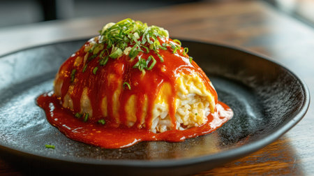 A mouthwatering serving of omelette rice topped with a rich savory sauce and fresh green onion garnish, perfect for any meal occasion.の素材