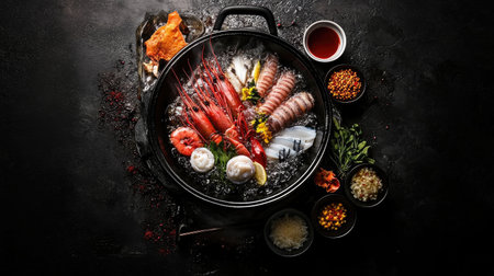A stunning seafood platter featuring shrimp, lobster, and crab arranged beautifully on a dark background, ideal for gourmet food presentations and culinary art.の素材
