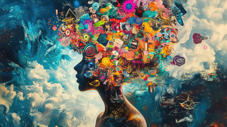 A stunning silhouette against a colorful backdrop, showcasing a mind bursting with creativity and ideas. This artwork embodies imagination and inspiration.の素材