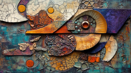 A vibrant abstract artwork featuring textured layers and geometric shapes, showcasing a blend of colors and intricate patterns for creative inspiration.の素材