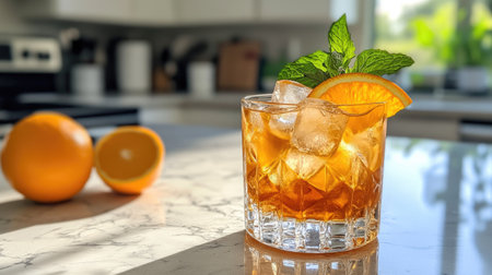 A vibrant cocktail with ice and orange slice garnishing the glass, set on a marble countertop, perfect for summer gatherings or refreshing moments.の素材