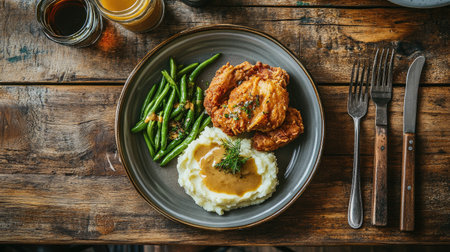 A mouthwatering plate of Southern fried chicken served with creamy mashed potatoes and crisp green beans. Perfect for a hearty meal.の素材