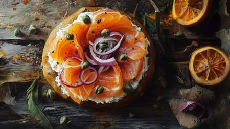 An exquisite dish featuring fresh salmon on cream cheese, garnished with red onion and capers, beautifully presented on a rustic wooden table. Ideal for culinary inspiration.の素材