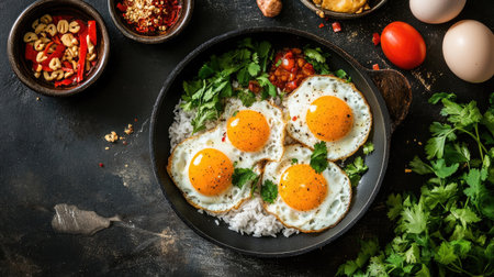 A vibrant scene of fried eggs on rice, garnished with fresh herbs and spices. Perfect for a healthy breakfast or gourmet meal idea.の素材