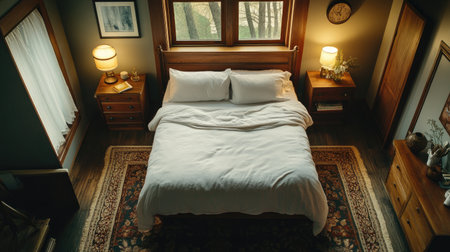 A cozy modern bedroom showcasing a serene atmosphere with natural light streaming through the windows, featuring stylish decor elements and warm wooden furnishings.の素材