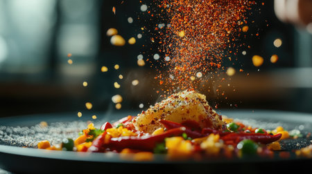 A close-up shot showcasing vibrant spices being sprinkled over fresh ingredients on a plate, highlighting the art of cooking with rich colors and textures.の素材