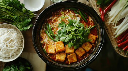 A vibrant bowl of Asian noodles topped with tofu and fresh herbs, surrounded by colorful ingredients. Perfect for showcasing culinary delights.の素材
