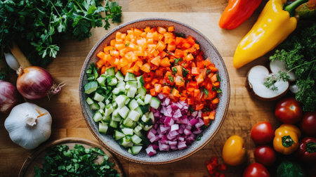 A vibrant assortment of freshly chopped vegetables in a rustic bowl, perfect for healthy meal preparation or colorful salad recipes. Ideal for food photography.の素材