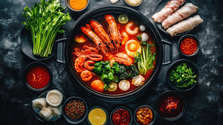 An enticing hot pot meal featuring fresh shrimp, assorted vegetables, and vibrant spices, perfect for sharing with friends or family at the dining table.の素材
