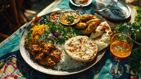 A vibrant platter showcasing a variety of Indian dishes including rice, breads, and spices, perfect for festive gatherings or culinary experiences.の素材