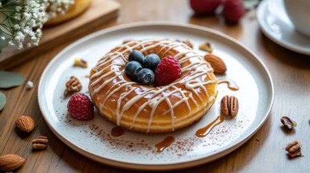 A tempting dessert featuring a beautifully decorated donut topped with berries and nuts, perfect for brunch or an indulgent treat.の素材