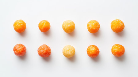 A vibrant arrangement of colorful food balls in orange and yellow shades, perfect for culinary presentations or party snacks. Bright and appetizing!の素材