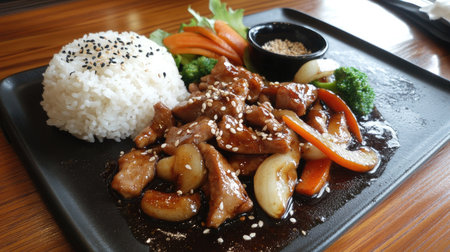 A vibrant plate of Asian cuisine featuring tender meat, steamed rice, and colorful vegetables garnished with sesame seeds, perfect for a delicious meal.の素材