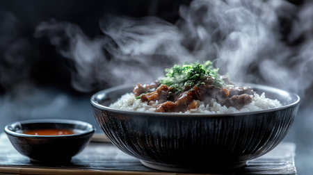 A steaming bowl of rice topped with savory sauce and fresh herbs, creating a mouthwatering meal. Perfect for food lovers and culinary enthusiasts.の素材