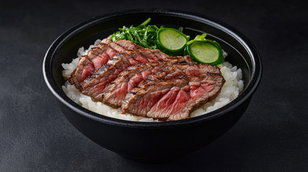 A delicious bowl featuring grilled beef steak slices over fluffy rice, garnished with fresh green vegetables, perfect for a hearty meal.の素材