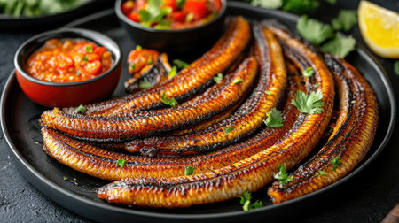 A vibrant grilled fish platter garnished with fresh herbs and served with flavorful dipping sauces, perfect for summer meals or gourmet dining experiences.の素材