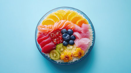 This vibrant sushi bowl features colorful slices of salmon, tuna, fruits, and rice, presenting a fresh and artistic dish perfect for healthy dining experiences.の素材
