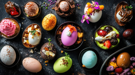 Explore a vibrant collection of decorative desserts featuring colorful eggs and exquisite sweet treats, perfect for festive celebrations and gatherings.の素材