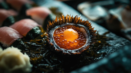 A beautifully arranged seafood plate showcasing sushi and a unique egg centerpiece, perfect for fine dining and culinary enthusiasts. Enjoy the vibrant colors and textures!の素材