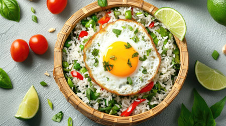 A colorful rice bowl featuring fresh vegetables, a sunny-side-up egg, and lime, perfect for a healthy meal. Ideal for food enthusiasts and culinary arts.の素材