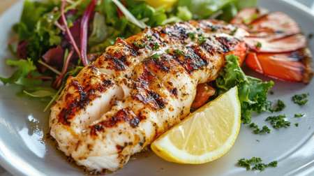 A delicious serving of grilled fish accompanied by a fresh salad and lemon, perfect for a healthy meal. Vibrant colors enhance this appetizing dish.の素材