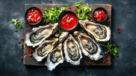 A stunning arrangement of fresh oysters served with flavorful red sauce and garnished with herbs, perfect for a gourmet dining experience.の素材