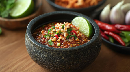 A vibrant bowl of spicy salsa made with fresh ingredients like lime, cilantro, and chili peppers. Perfect for cooking, garnishing, or snacking!の素材