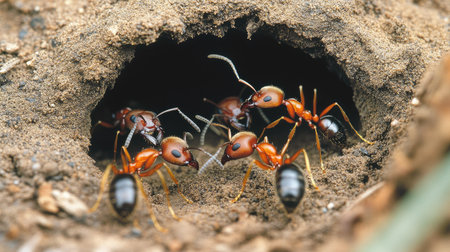 This close-up image captures ants emerging from their underground nest, showcasing their natural behaviors and teamwork in an outdoor environment.の素材