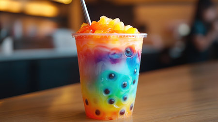 A vibrant and colorful rainbow drink topped with tasty fruit and boba pearls. This refreshing beverage is perfect for summer parties and gatherings.の素材