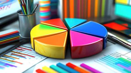 This stock photo features a vibrant pie chart surrounded by office supplies. It represents data analysis, making it ideal for business and educational projects.の素材