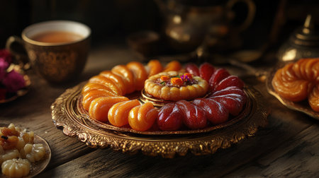 A beautiful assortment of traditional sweets arranged on an ornate tray, showcasing vibrant colors and intricate designs, perfect for festive occasions.の素材