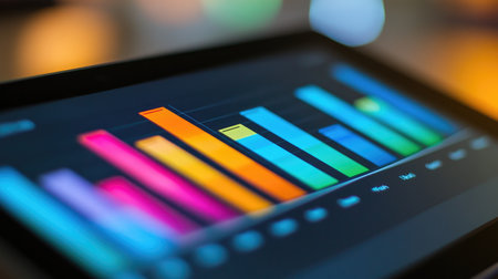 Vibrant data visualization displayed on a digital screen, showcasing colorful bars and modern design elements for insightful analysis and reporting.の素材