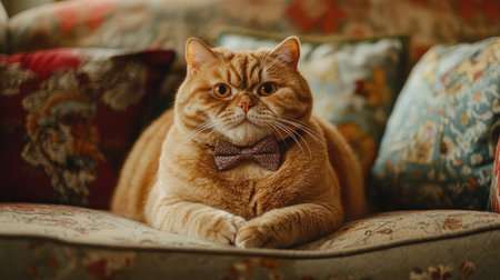 A charming ginger cat elegantly posed on a cozy couch, wearing a stylish bow tie. This adorable portrait captures the relaxed nature and personality of pets in a home setting.の素材