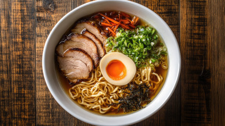 A beautifully arranged bowl of ramen featuring tender pork slices, a soft boiled egg, fresh green onions, and vibrant ingredients, set on a wooden table.の素材