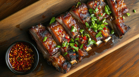Mouthwatering glazed pork ribs served on a wooden board, garnished with fresh green onions and a side of spicy chili sauce for an appetizing meal.の素材