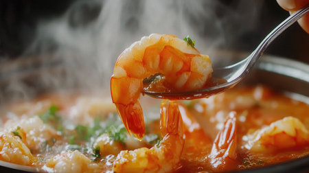 A close-up view of fresh shrimp being lifted from a steaming broth, showcasing vibrant colors and herbs. Perfect for food lovers and culinary enthusiasts.の素材