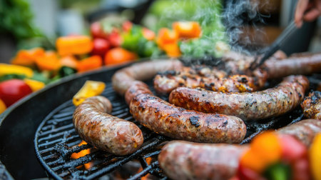Juicy sausages grill to perfection over a charcoal flame, surrounded by vibrant vegetables. Ideal for summer gatherings and outdoor cooking scenes.の素材