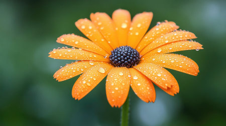 A vibrant orange flower with water droplets, showcasing natural beauty in a garden setting. Perfect for themes of freshness, growth, and tranquility.の素材
