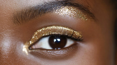 A stunning close-up of glamorous gold eye makeup featuring shimmering glitter and perfectly shaped brows, showcasing the art of beauty and style.の素材