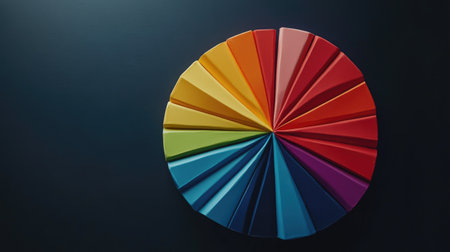 A vibrant arrangement of paper fans in various colors, radiating from a circular center against a dark background, showcasing artful design and modern aesthetics.の素材