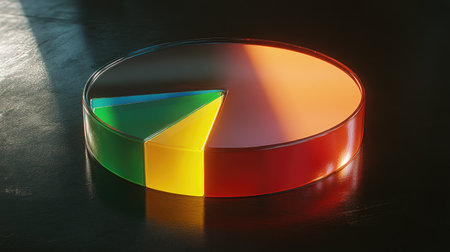 Vibrant pie chart resting on a glossy surface, showcasing three distinct sections in bright colors. Ideal for business or educational presentations.の素材
