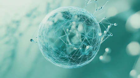 An abstract representation of a sphere connected by intricate lines and nodes, symbolizing technology and digital connectivity in a modern design.の素材