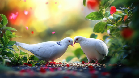 Two white doves share a tender moment in a colorful garden, surrounded by petals and greenery. This serene scene embodies peace and love in nature.の素材