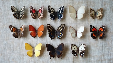 A stunning arrangement of various butterflies showcasing vibrant colors and intricate patterns against a soft fabric background, perfect for nature lovers.の素材