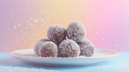 A tempting arrangement of chocolate coconut energy balls dusted with coconut flakes, perfect for healthy snacks or desserts, presented on a vibrant plate.の素材