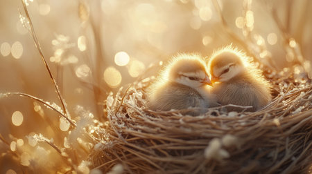 Two adorable chicks cuddle closely in a soft nest, basking in gentle sunlight. The serene scene captures the essence of love and innocence in nature.の素材