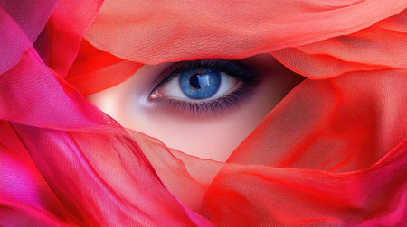 A striking close-up of a mesmerizing blue eye partially covered by vibrant silk fabric, creating a captivating blend of color and mystery.の素材
