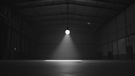 A solitary bulb illuminates an empty industrial space, creating a serene atmosphere filled with shadows and contrast. Perfect for themes of solitude and minimalism.の素材
